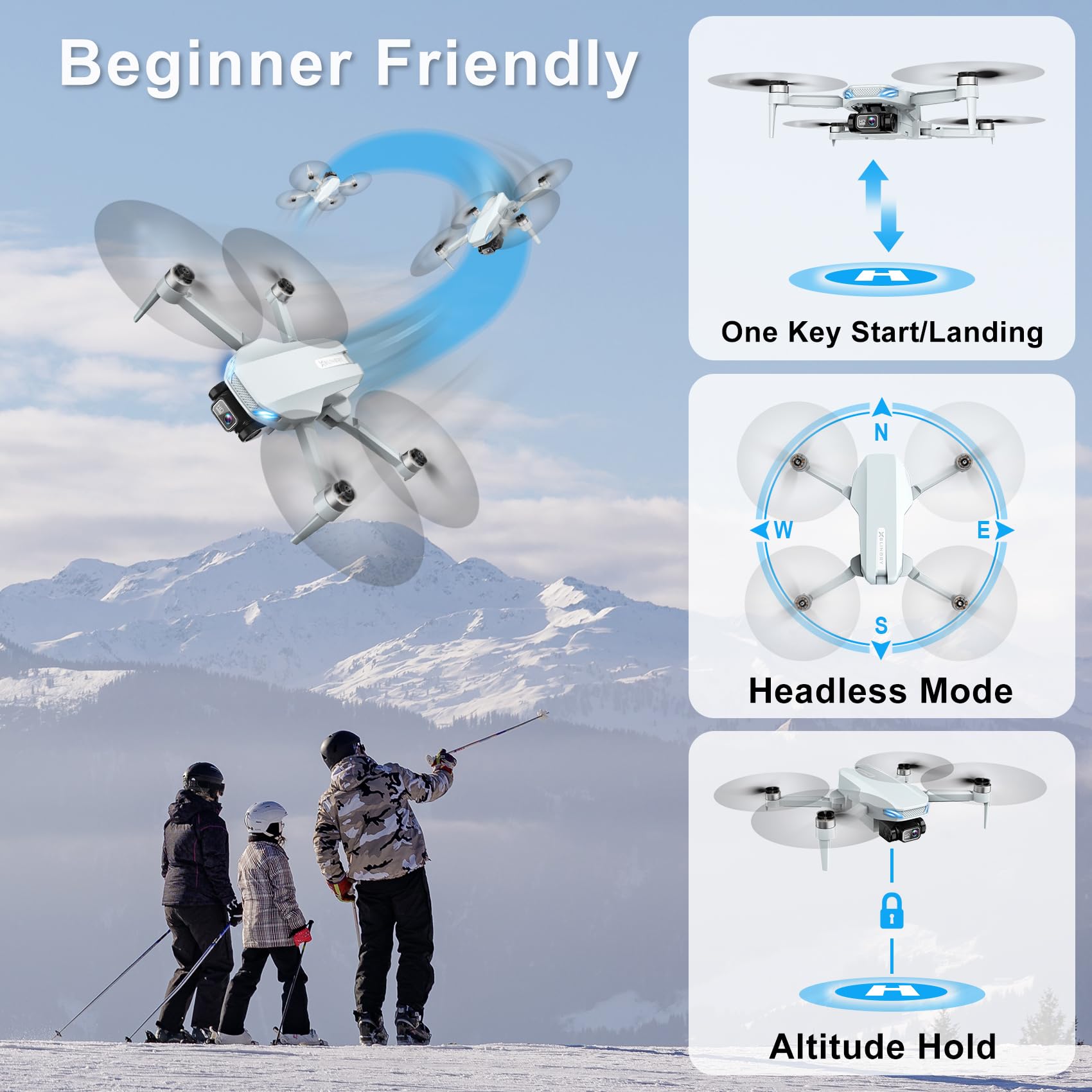 Drone with Camera, 2K HD FPV Drones for Adults, Mini Drone with Gravity Control, One Key Take Off/Land, Waypoint Fly, Gestures Selfie, 3 Speed Modes, RC Drone for Beginners with 2 Batteries