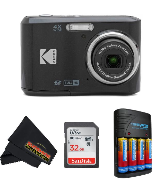 KODAK PIXPRO FZ45 16MP CMOS Sensor Digital Camera 5X Optical Zoom with Sunshine Photo Microfiber Cleaning Cloth (Basic Bundle, Black)