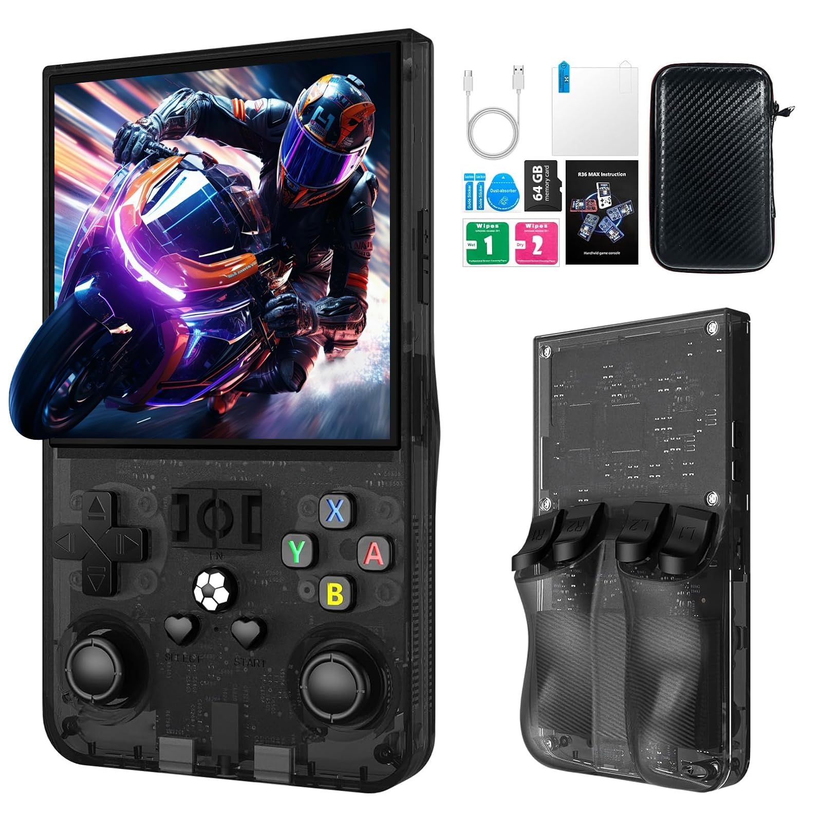 R36MAX Retro Handheld Game Console, 4.0 Inch IPS HD Screen Retro Gaming Console, Linux System, 30＋Emulator Games Retro Game Console, 4000mAh Battery, Built-in 64G TF Card, Black