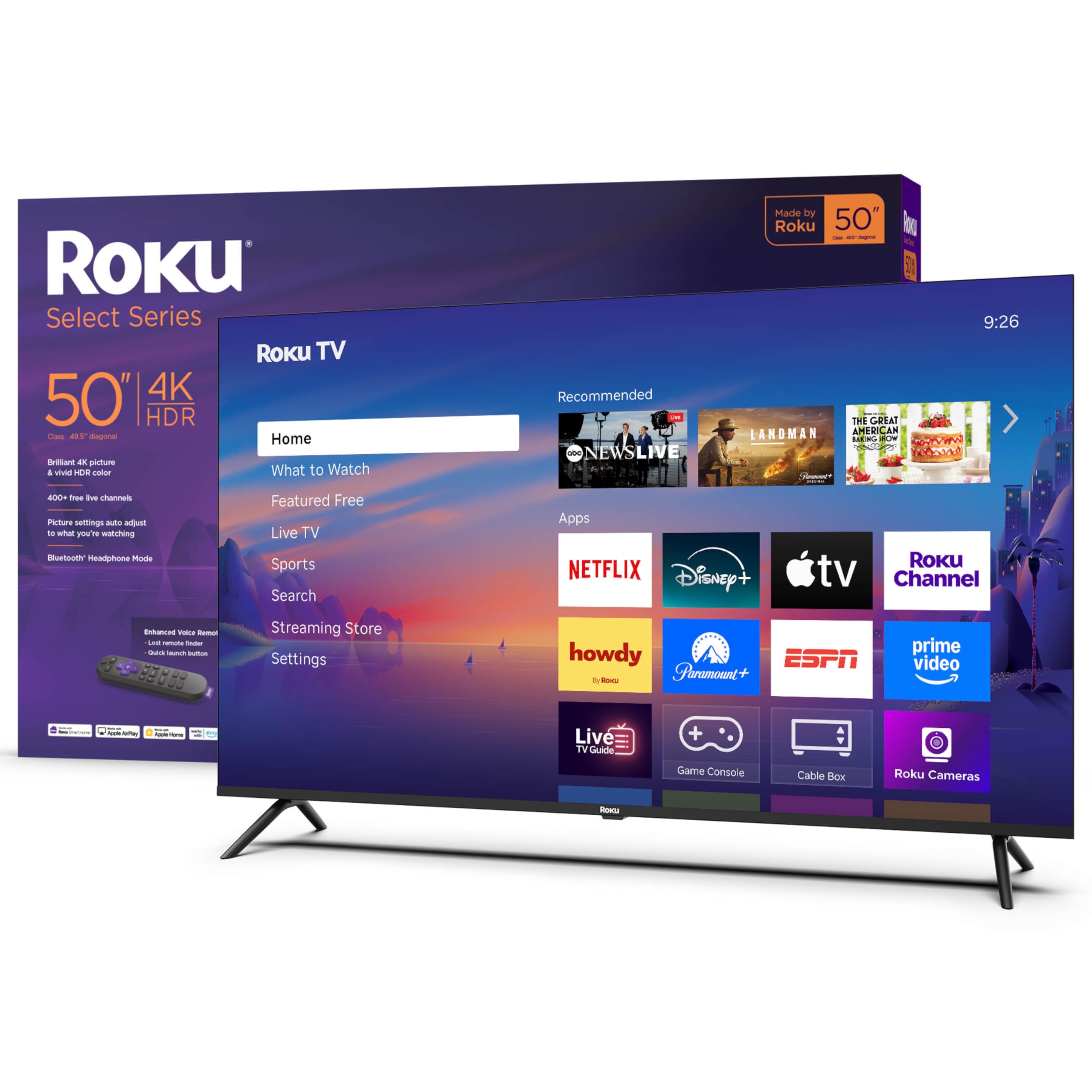 Roku Smart TV 2025 – 50-Inch Select Series, 4K HDR TV – RokuTV with Enhanced Voice Remote – Flat Screen LED Television with Wi-Fi for Streaming Live Local News, Sports, Family Entertainment