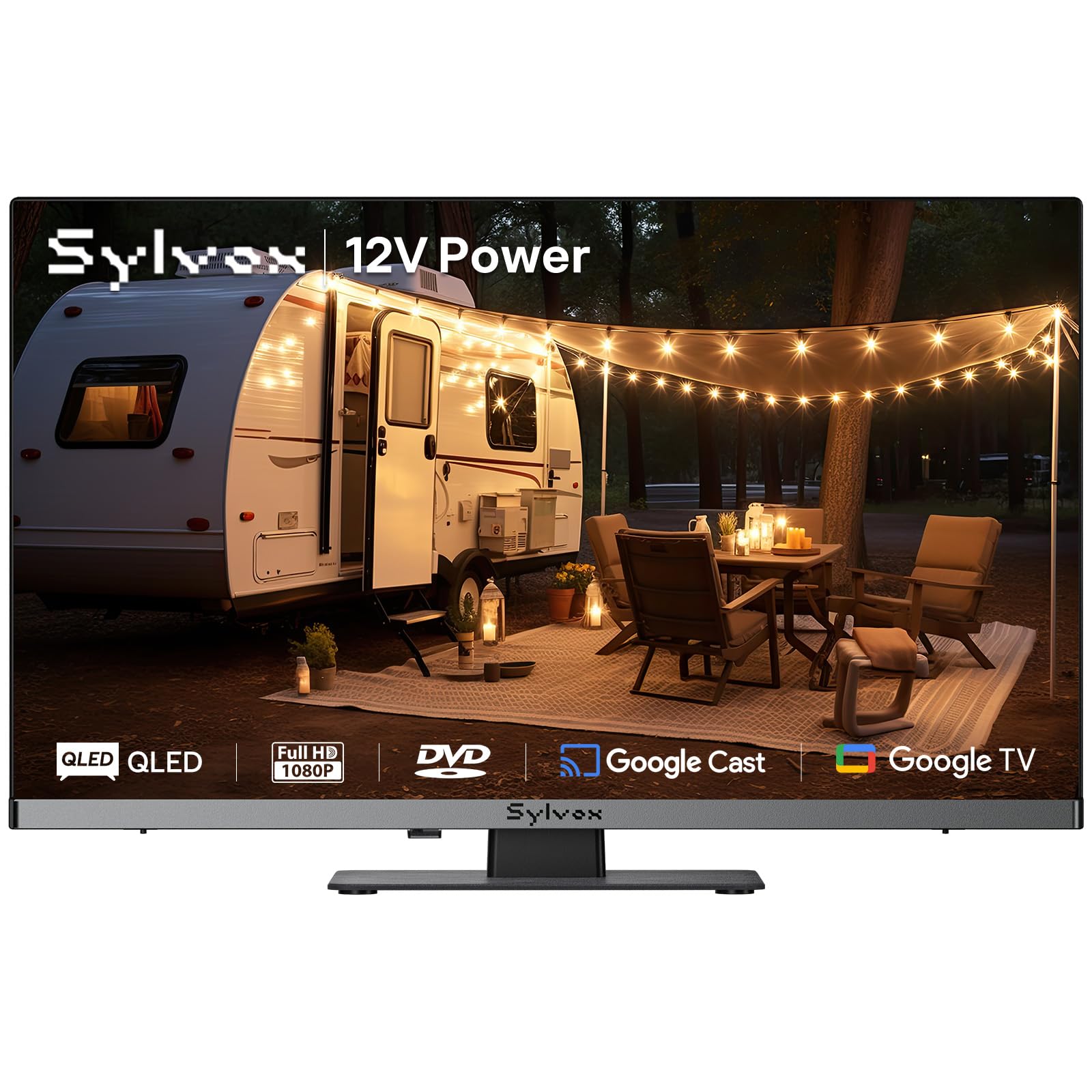 SYLVOX RV TV, 12V QLED TV with DVD Player Built-in, 32 Inch Smart Television for Camper, 12 Volt DC Power Low Energy Consumption, HD 1080P, Bezel Less Design