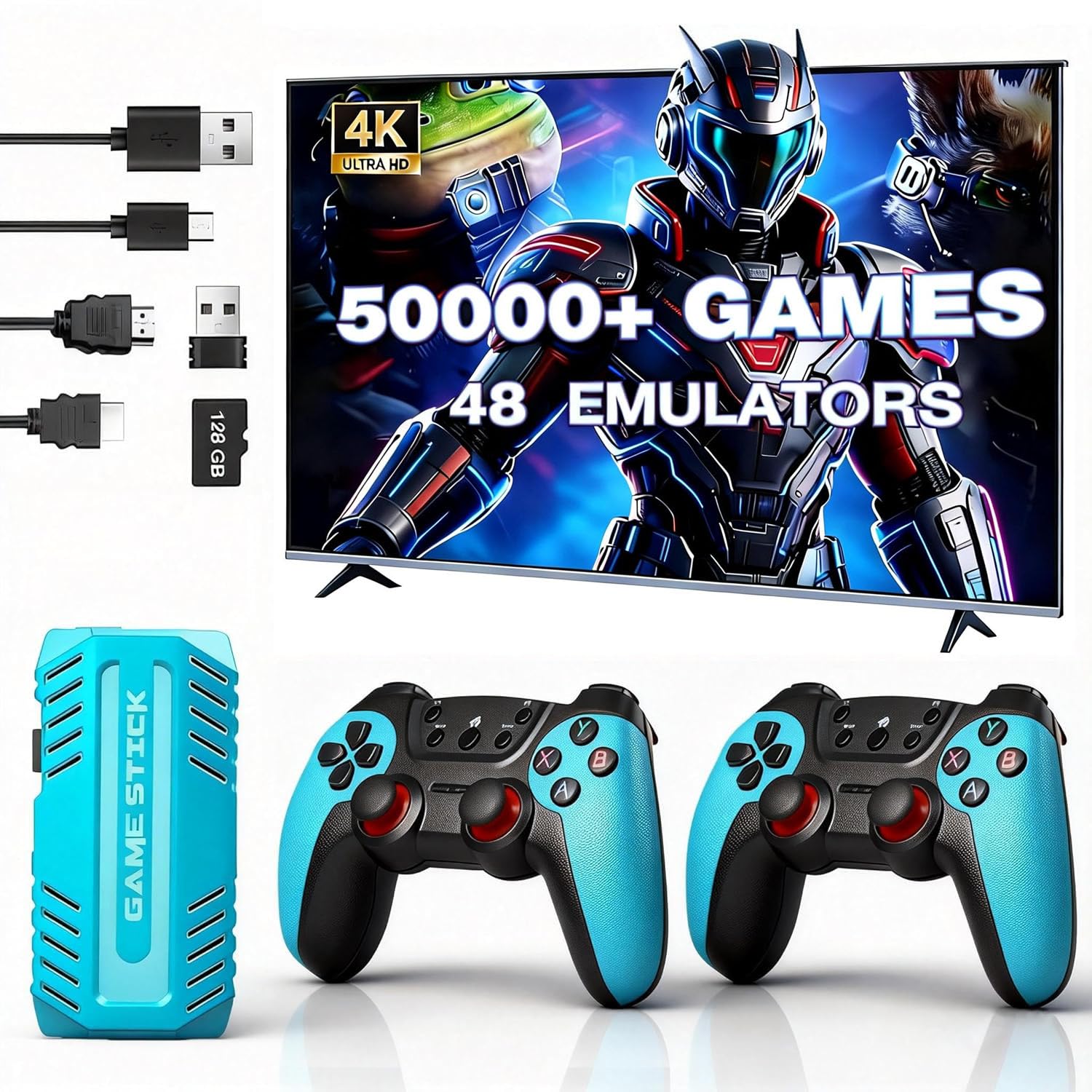 UWDFH Retro Gaming Console, 2026 Gaming Stick Pro, 50000 Games -128GB, 4k HDMI Output, and 2.4GHz Wireless Controller, 48 Classic Emulators, Plug and Play Video Games for TV (Blue) (Blue)