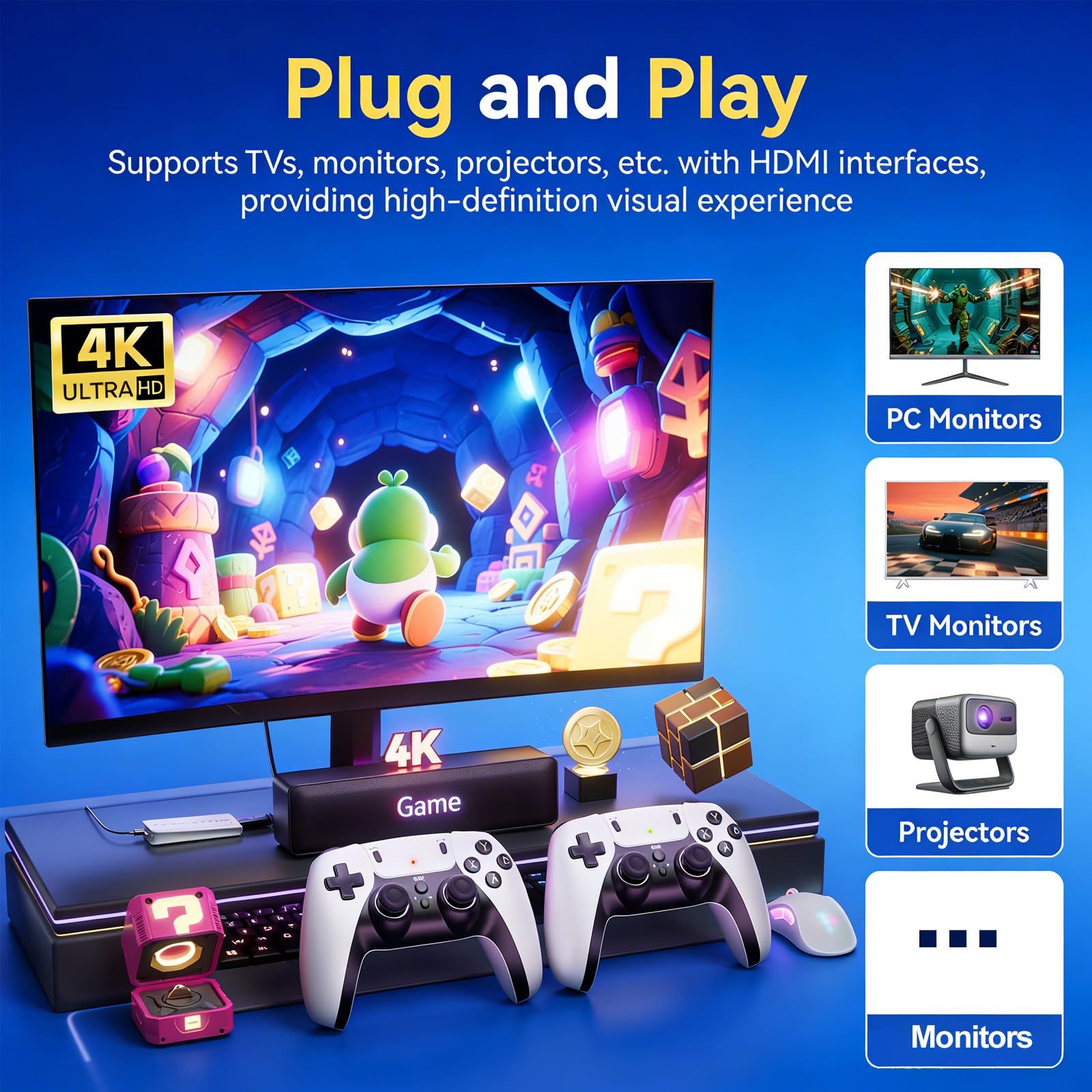 2026 New Retro Gaming Console,40,000+ Retro Game Stick, Built-in Classic Video Games and 23 Emulators,4K HDMI Output Game Stick,Plug and Play Video Gaming Consoles with 2 Wireless Controllers(128G)