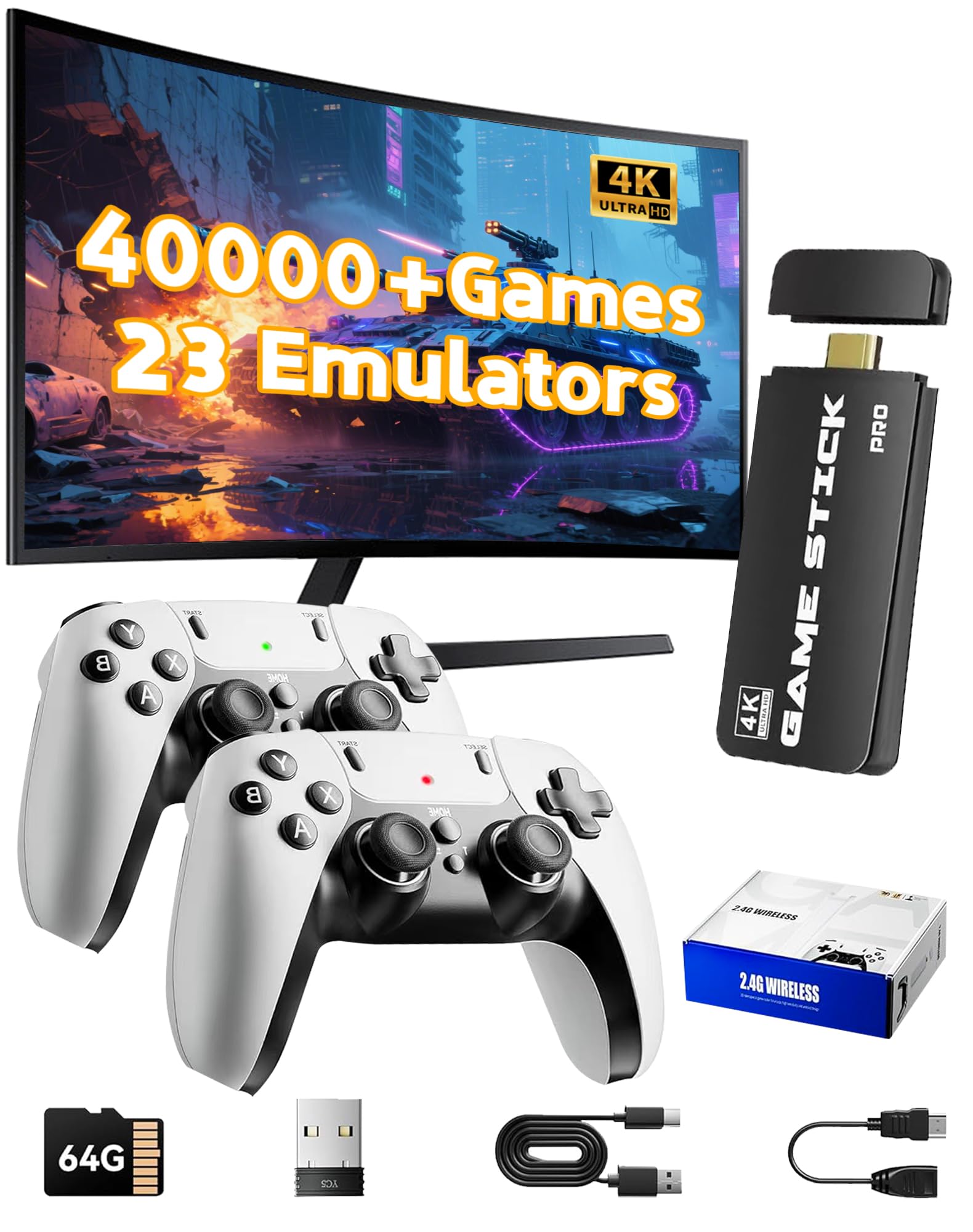 2026 Upgraded Retro Gaming Console Stick, Video Games Stick Built-in 23 Emulators Console Projector, 40000+ Game System with 4K HDMI, Plug and Play TV Video Game with Dual Controllers (Light White)