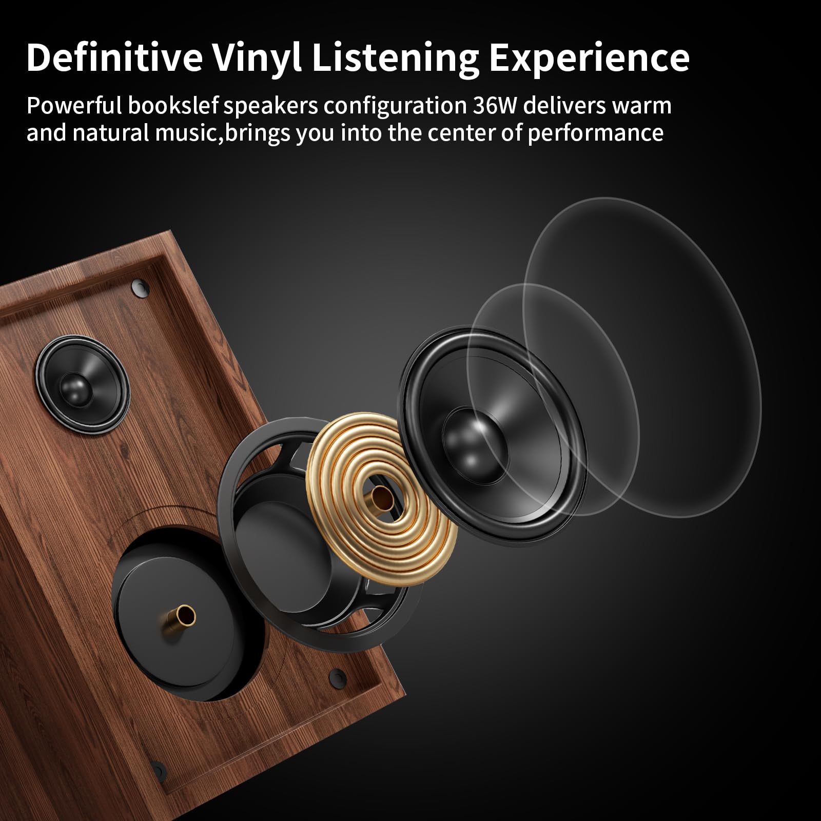 Bluetooth Turntable HiFi System with 36 Watt Bookshelf Speakers, Patend Designed Vinyl Record Player with Magnetic Cartridge, Bluetooth Playback and Auto Off