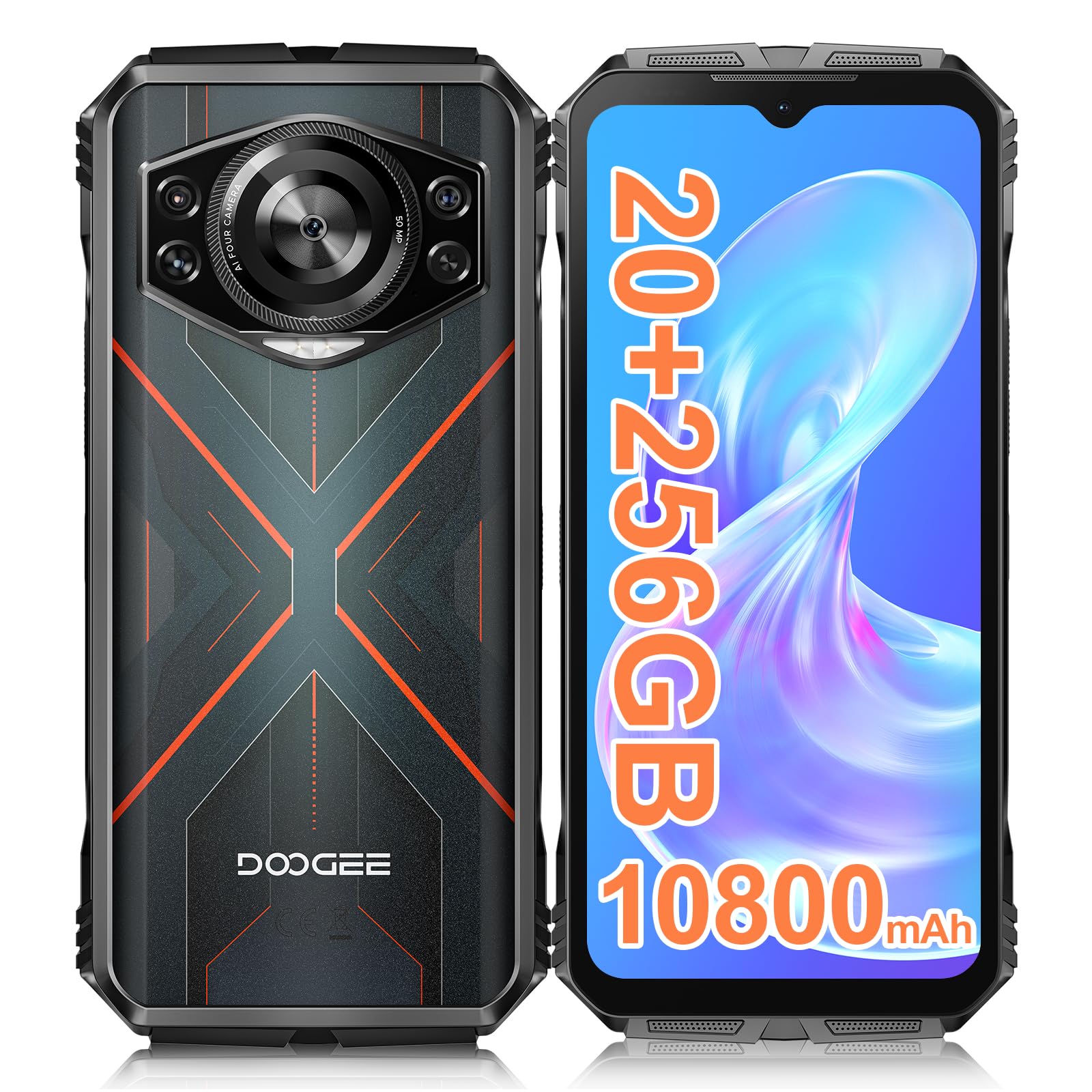 DOOGEE S Cyber Rugged Phone,10800mAh Battery Rugged Phone, 20GB RAM + 256 ROM, 6.58″ FHD+IPS Waterdrop Screen, 50MP AI Camera/Dual SIM Unlocked/Octa Core/OTG/GPS,Android 14,RED