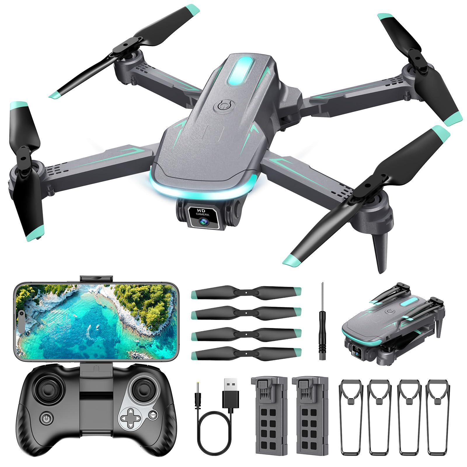 Drone with Camera 1080P HD, FPV Foldable Mini Drone for Beginners Kids Boys Girls, with 2 recharging Batteries, Carrying Case, One Key Start, Stable Hover, Trajectory Flight, Toys Gifts (Black)