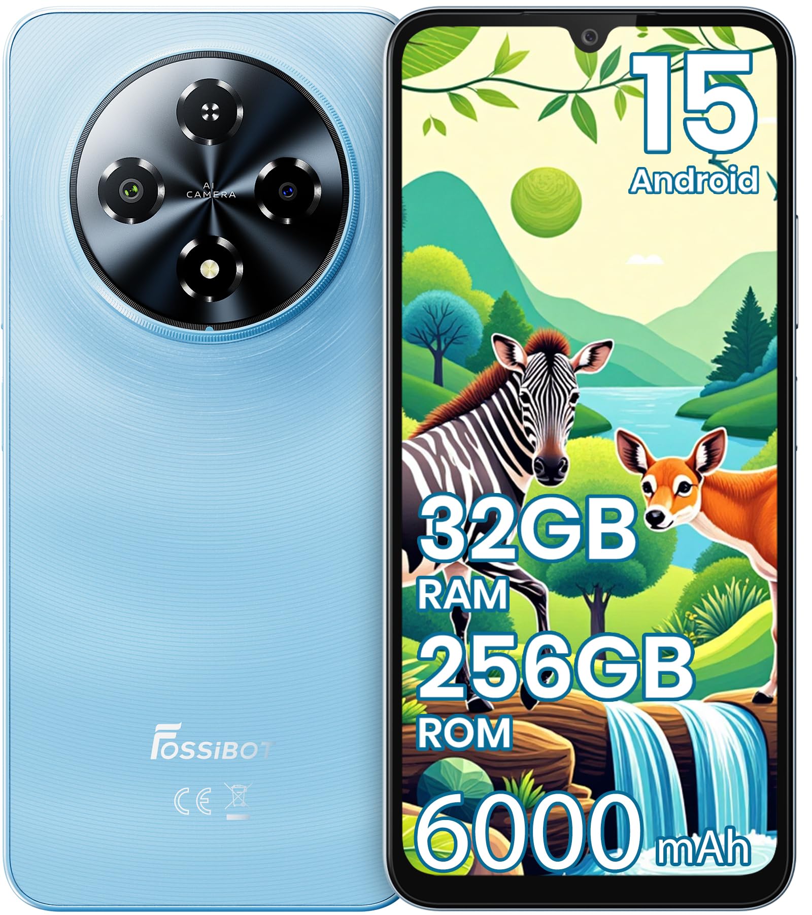 FOSSIBOT S5 Pro Android 15 Cellphone, 32GB+256GB/2TB Phone, 6.88″ HD Smartphones, 6000mAh Battery Waterproof Phones,50MP+8MPWaterproof Phones,Gemini Al 2026 Blue | Android 15, Octa-core Chipset, Technology 12nm, GSM,GPRS,EDGE,WCDMA, 6.88“HD+IPS V-notch