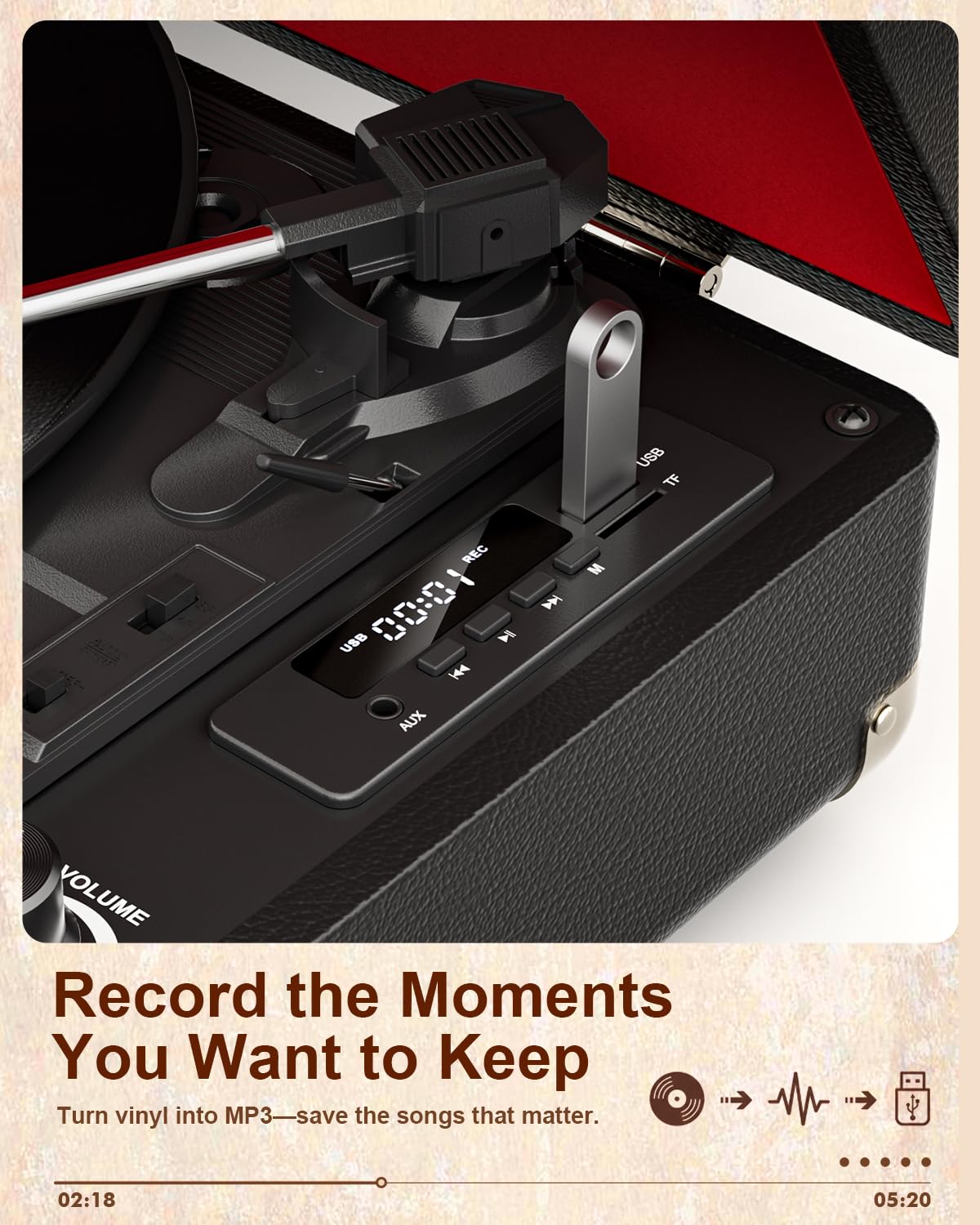 TANALNIN Vinyl Record Player, 3-Speed Bluetooth Portable Suitcase Turntable with Built-in Speakers, USB Recording, RCA Output, AUX Input/Output, Vintage Vinyl Player for Home, Bedroom or Gifting,Black