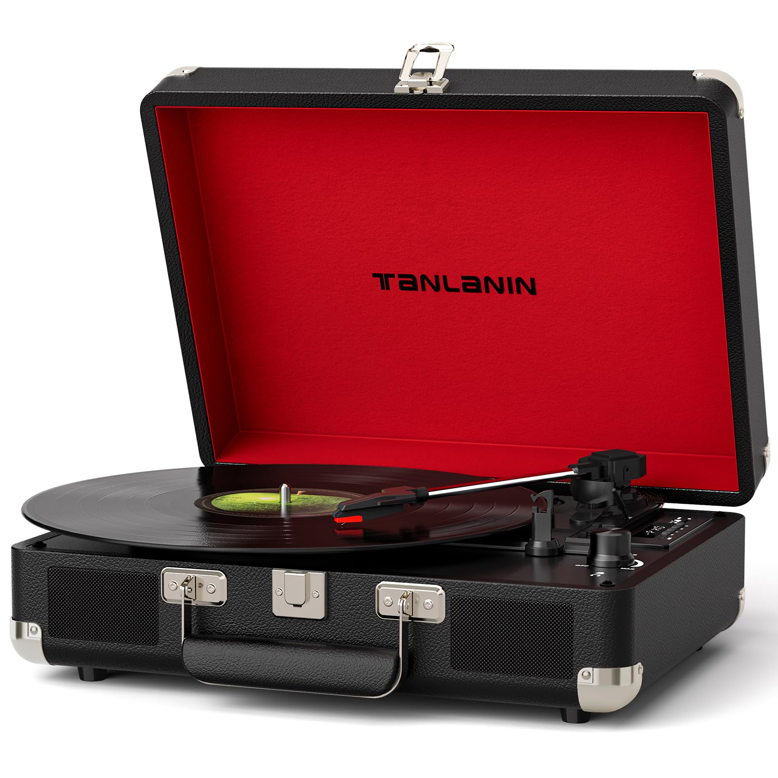 TANALNIN Vinyl Record Player, 3-Speed Bluetooth Portable Suitcase Turntable with Built-in Speakers, USB Recording, RCA Output, AUX Input/Output, Vintage Vinyl Player for Home, Bedroom or Gifting,Black