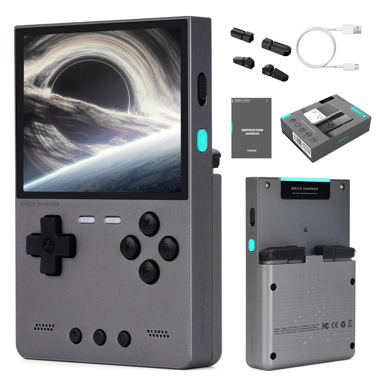 Trimui Brick Hammer Handheld Game Console with 3.2 inch IPS Screen and 3000mAh Battery, Retro Video Games Console with Pre-Installed 64GB TF Card and WiFi Function (Space Gray)