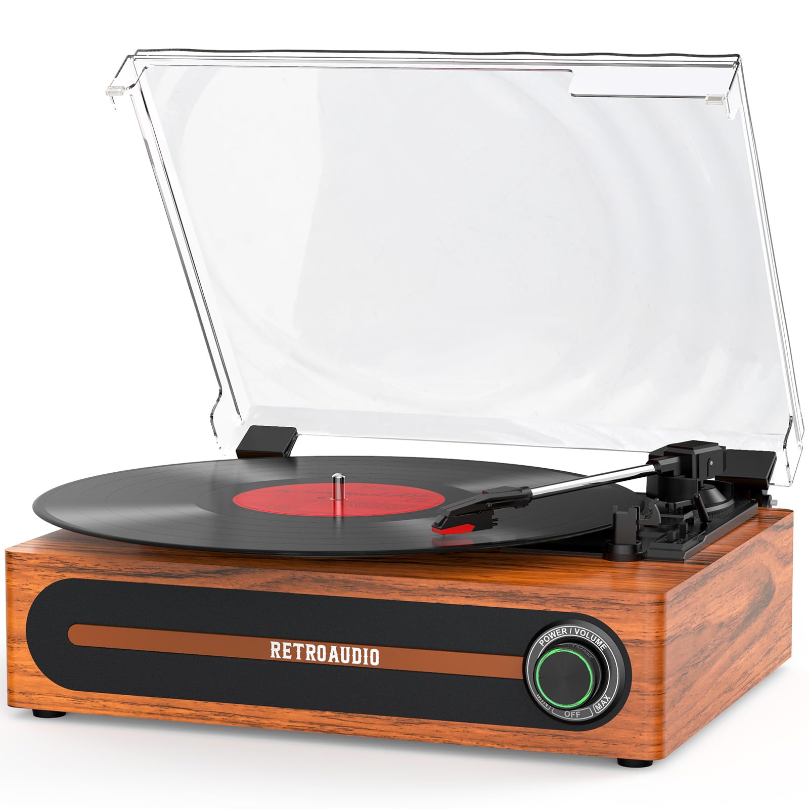 Vinyl Record Player Bluetooth Turntable with Built in Stereo Speakers Belt Drive 3 Speeds Vintage Turntables for Vinyl Records Support RCA Output, Aux in, Auto Stop, Light Walnut
