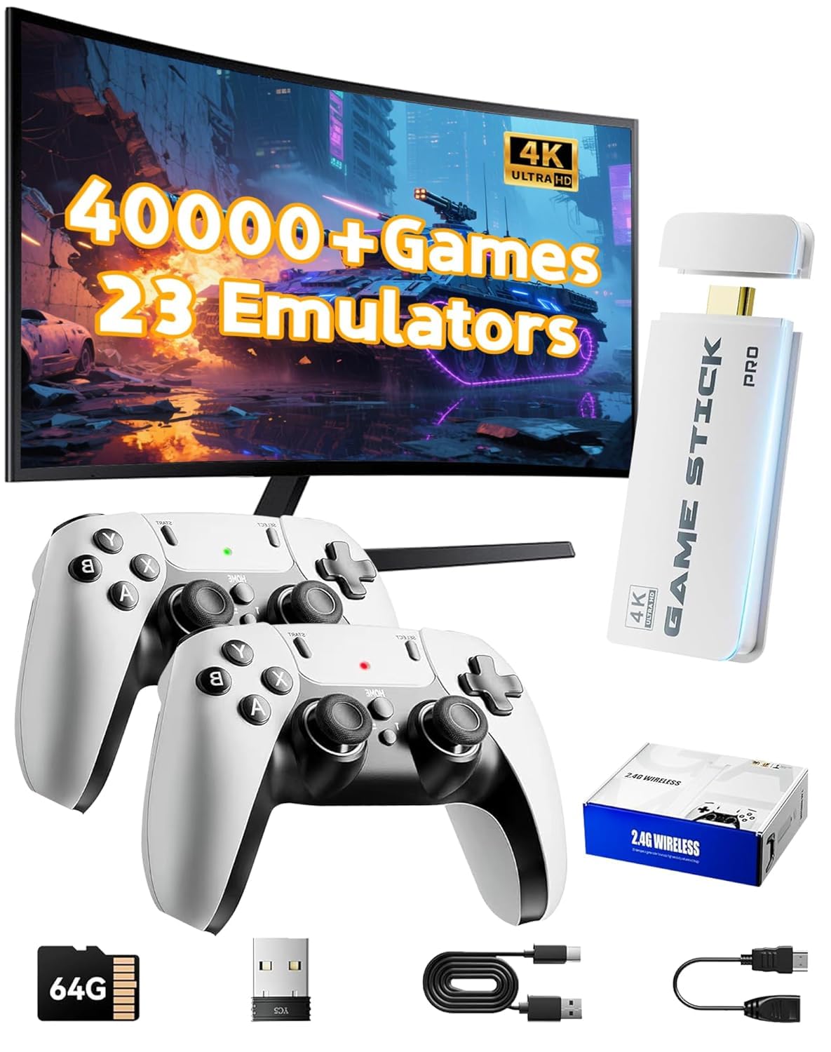 2026 Upgraded Retro Gaming Console, 40,000+ Retro Game Stick, 23 Emulators, 4K HD HDMI TV Game Stick, Built-in Classic Video Games, Plug & Play Game Console TV with 2 Wireless Controllers (Off White)