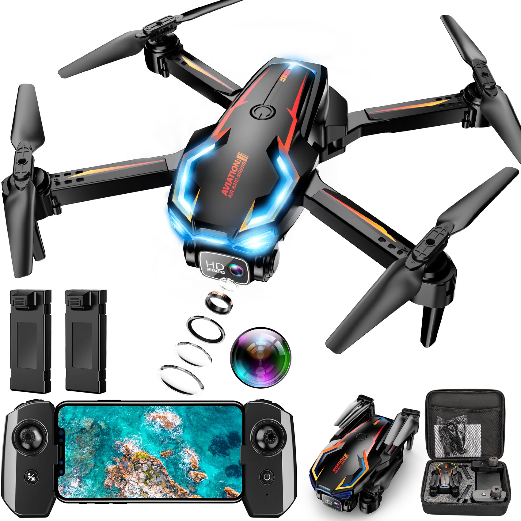2K HD FPV Drone with Camera for Adults - Altitude Hold, One-Key Takeoff/Landing, 3 Speed Modes, Headless Mode, 2 Batteries, Foldable & Portable, Best Gifts for Beginners, Teen Boys & Girls