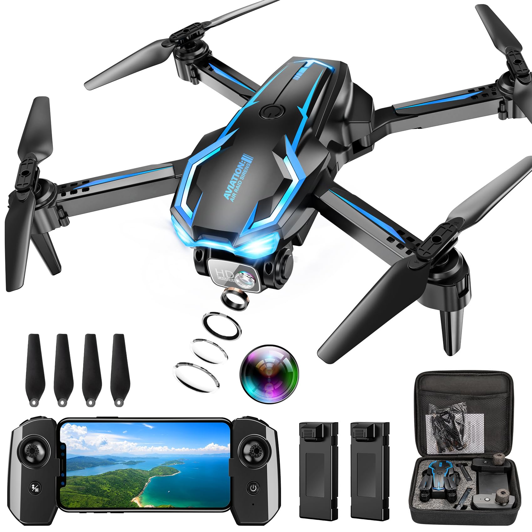 2K HD FPV Drone with Camera for Adults – Altitude Hold, One-Key Takeoff/Landing, 3 Speed Modes, Headless Mode, 2 Batteries, Foldable & Portable, Best Gifts for Beginners, Teen Boys & Girls