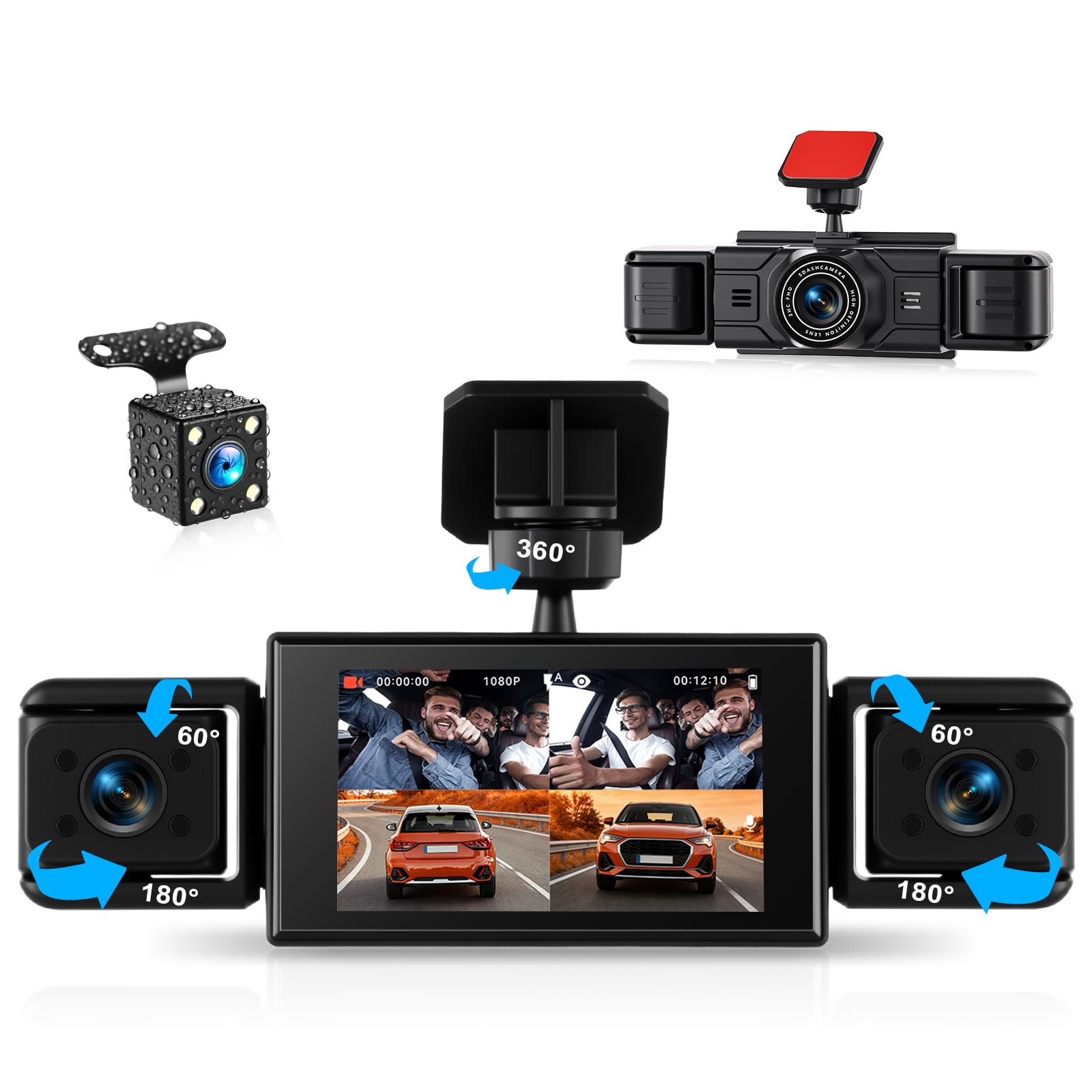 4 Channel Dash Cam Front and Rear Inside Left Right,3” 1080P Front and Rear Dash Camera for Cars Car Camera with Loop Recording,Parking Assistance,24H Parking Monitor