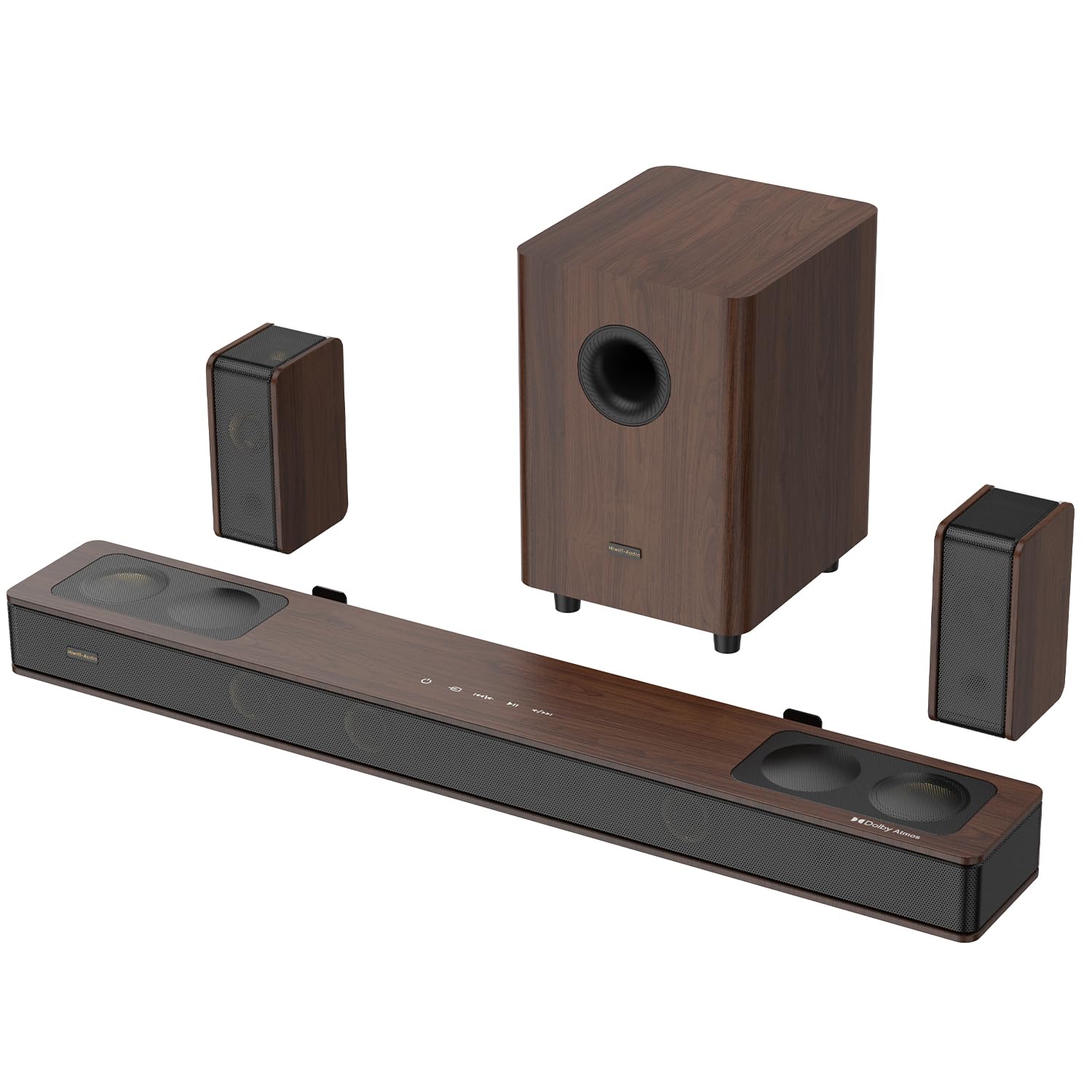 Hiwill-Audio Flagship 5.1.4 Hi-Fi Surround Sound System with Dolby Atmos, Center Speaker with 4 Surrounds, 25 Hz Subwoofer, 900W Home Theater Sound Bar for Smart TV, HiFi-Grade Crossover, Color: Wood