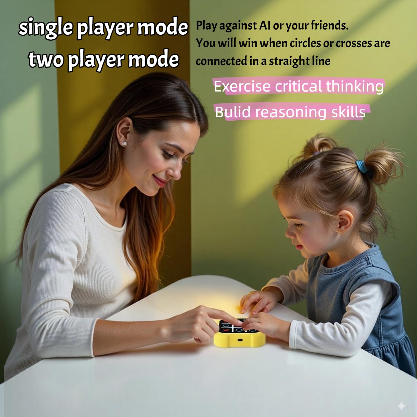 Rechargeable Electronic Tic Tac Toe Game Handheld , Mute Function, 4 in 1 & 9 Levels Brain Trainer for Ages 3+ ,Solo/2-Player/Memory/Whack-a-Mole , Fast Charge Kids Travel Gift with USB-C Cable