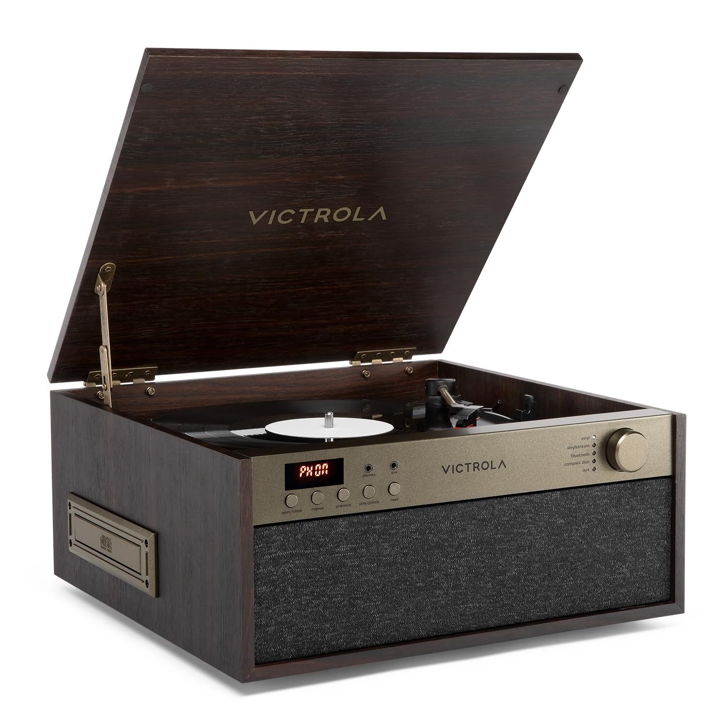 Victrola Century 6-in-1 Vinyl Record Player & Music Center – 3-Speed Turntable, CD & Cassette Player, VINYLSTREAM, Bluetooth & 3.5mm Aux, Record Player with Speakers, Mid Century Design (Walnut)