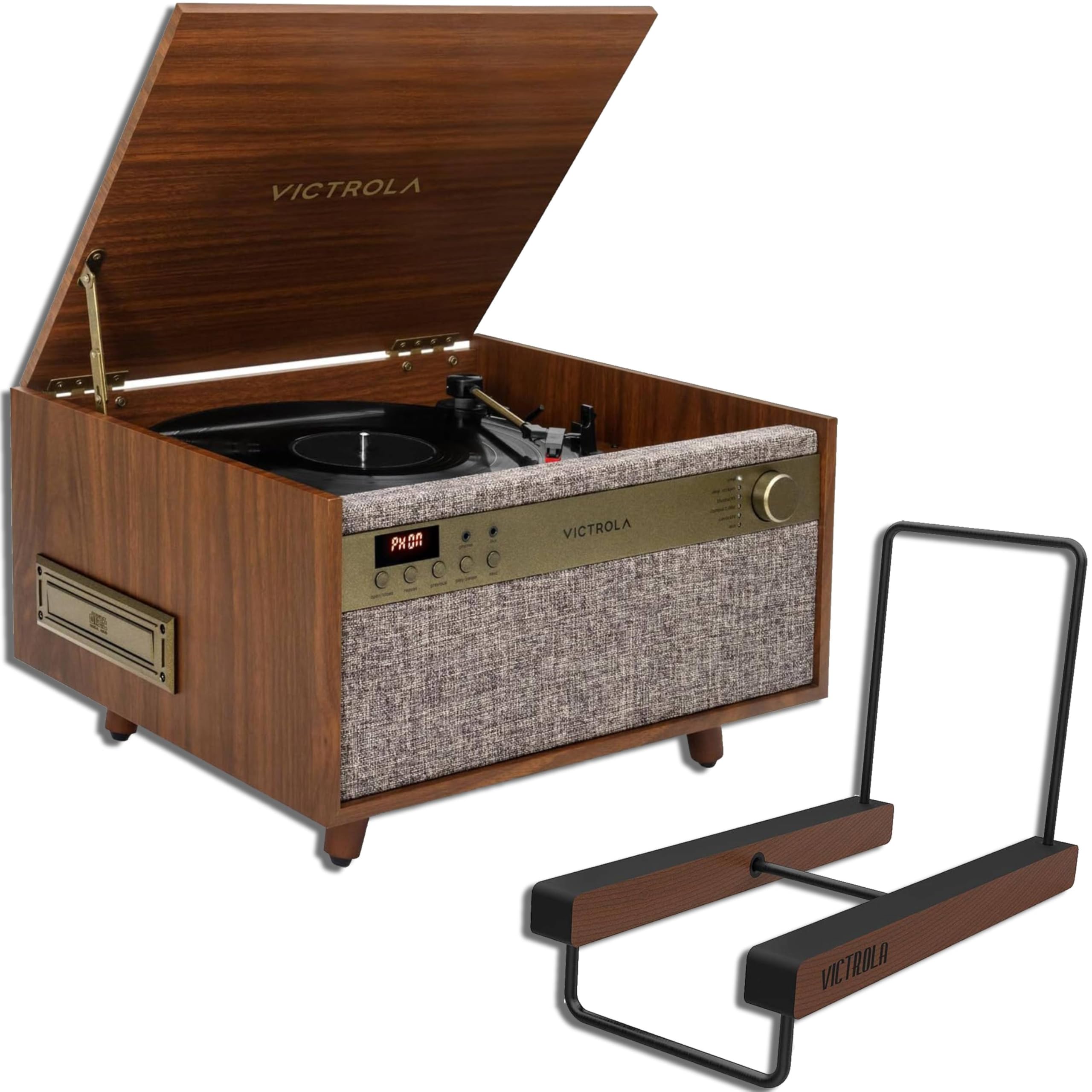 Victrola Century 6-in-1 Vinyl Record Player & Music Center – 3-Speed Turntable, CD & Cassette Player, VINYLSTREAM, Bluetooth & 3.5mm Aux, Record Player with Speakers, Mid Century Design (Walnut)