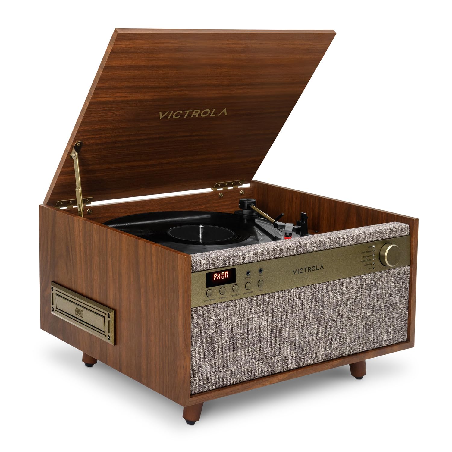 Victrola Century 6-in-1 Vinyl Record Player & Music Center – 3-Speed Turntable, CD & Cassette Player, VINYLSTREAM, Bluetooth & 3.5mm Aux, Record Player with Speakers, Mid Century Design (Walnut)