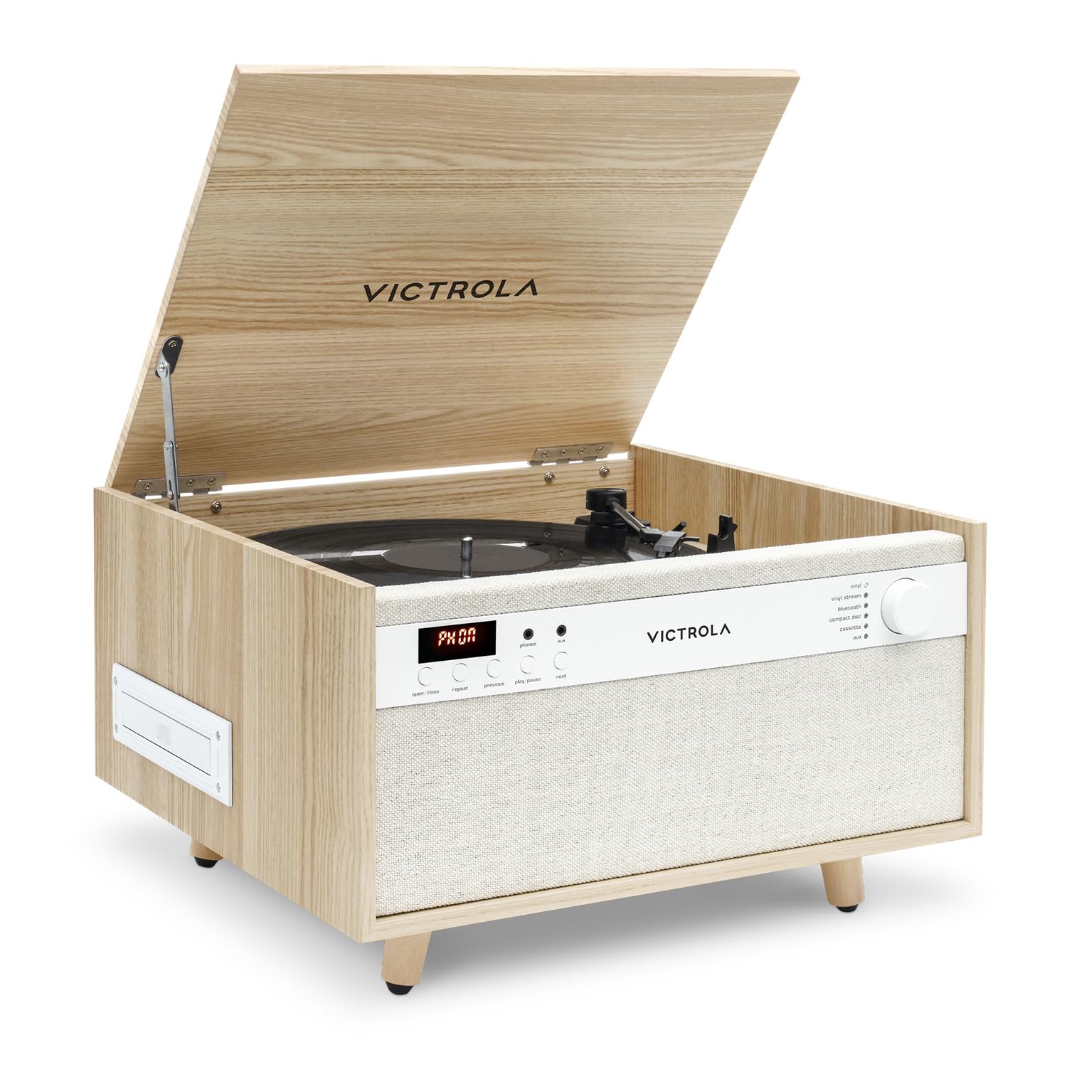 Victrola Century 6-in-1 Vinyl Record Player & Music Center – 3-Speed Turntable, CD & Cassette Player, VINYLSTREAM, Bluetooth & 3.5mm Aux, Record Player with Speakers, Mid Century Design (Walnut)