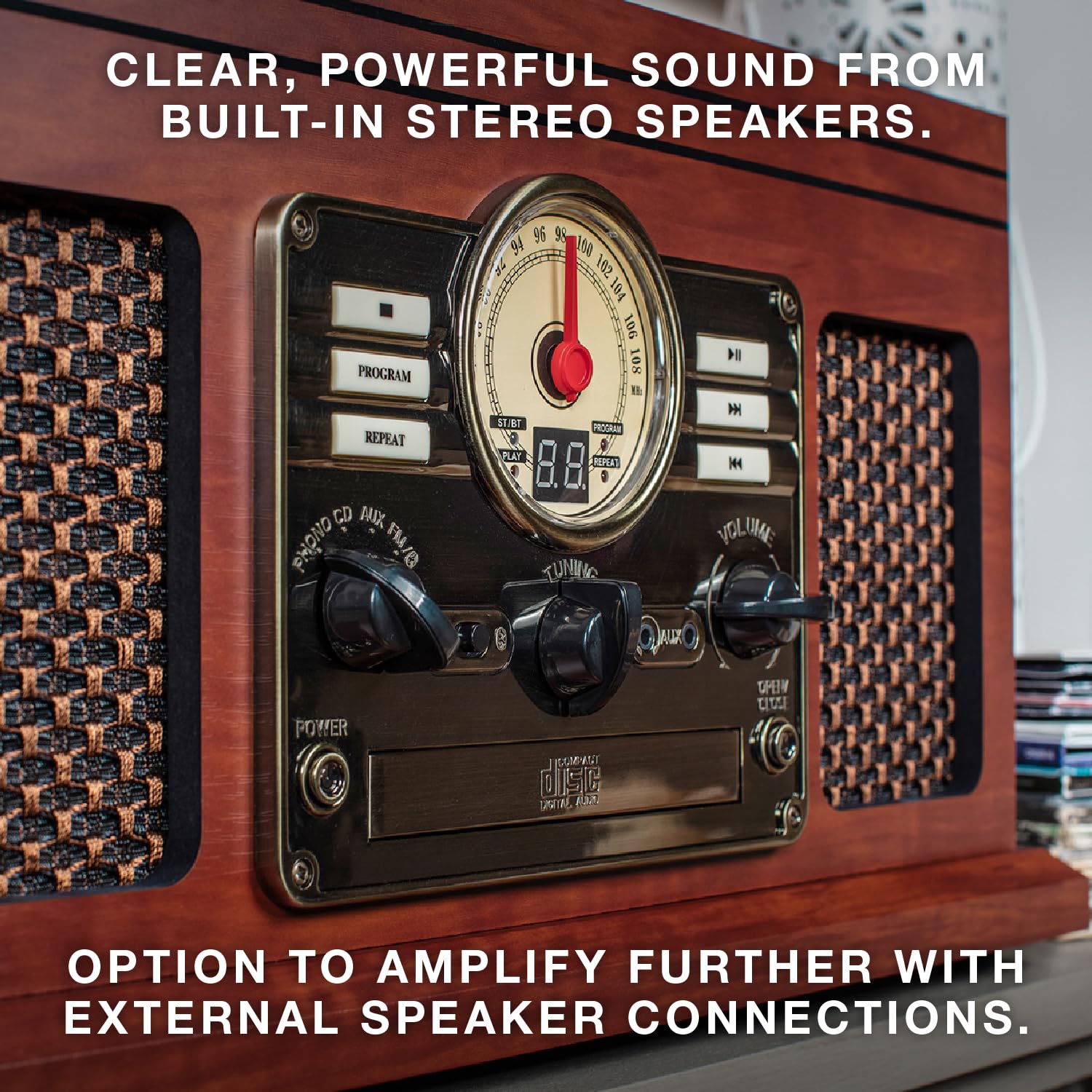 Victrola The Quincy 6-in-1 Bluetooth Record Player & Multimedia Center with Built-in Speakers – 3-Speed Turntable, CD & Cassette Player, FM Radio, Wireless Music Streaming (Grey Wood)