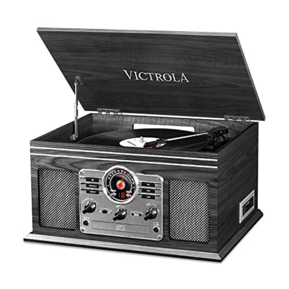 Victrola The Quincy 6-in-1 Bluetooth Record Player & Multimedia Center with Built-in Speakers – 3-Speed Turntable, CD & Cassette Player, FM Radio, Wireless Music Streaming (Grey Wood)