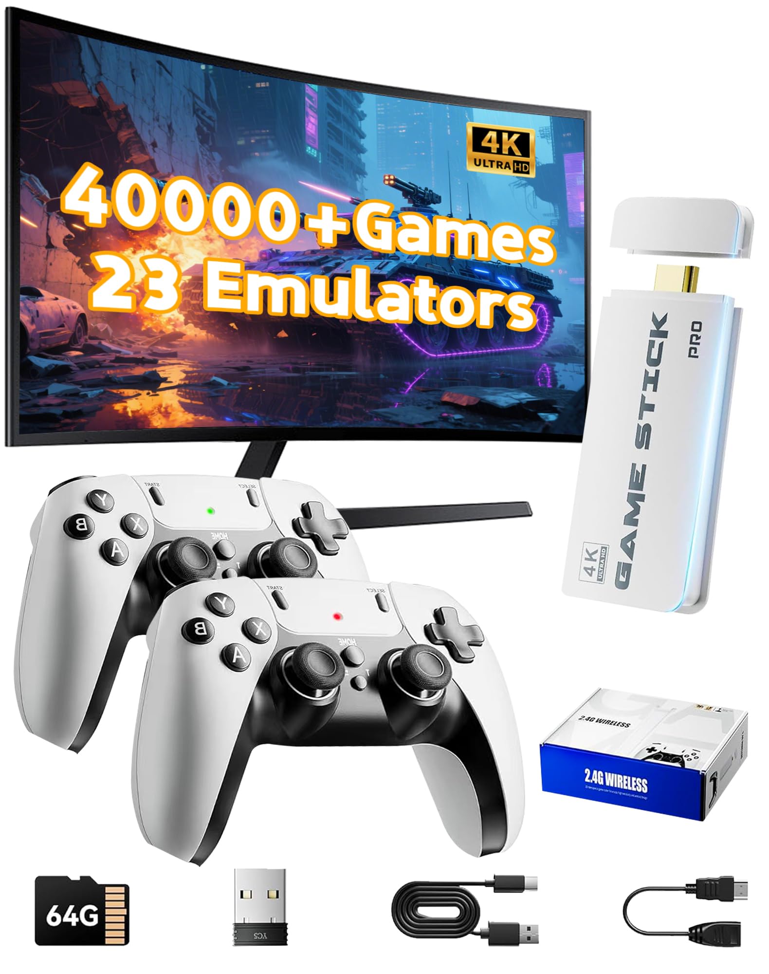 2026 NEW Upgrade Retro Gaming Console Pro, Video Game Consoles with 4K HDMI, Built-in 40000+ Game Stick & 23 Emulators, Plug and Play Video Gaming Consoles with Dual 2.4G Wireless Controllers (White)
