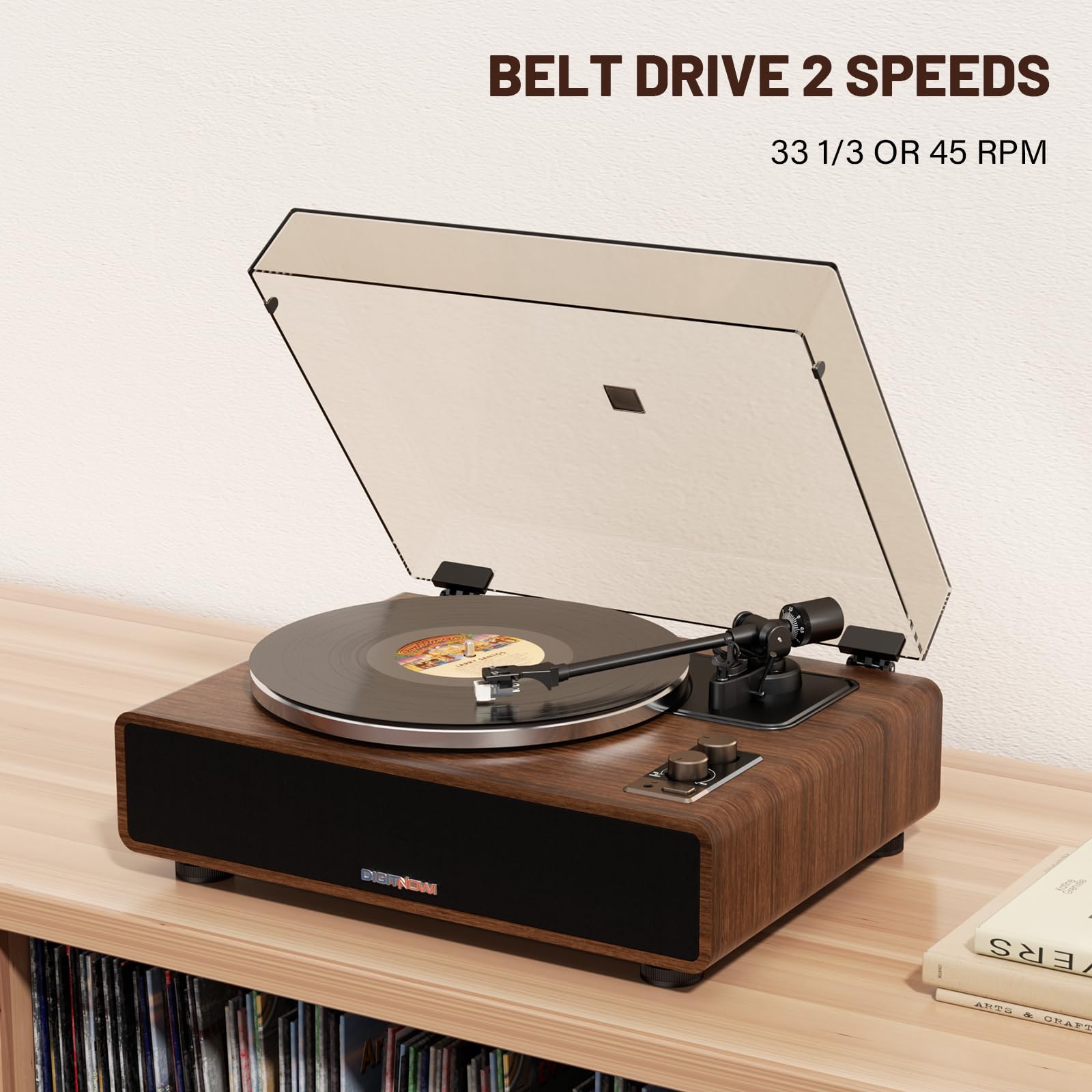 DIGITNOW Vinyl Record Player with Magnetic Cartridge, High Fidelity Belt Drive Turntable with Built-in Speakers & Phono Preamp, Wireless Playback and Aux-in Functionality, Auto Off