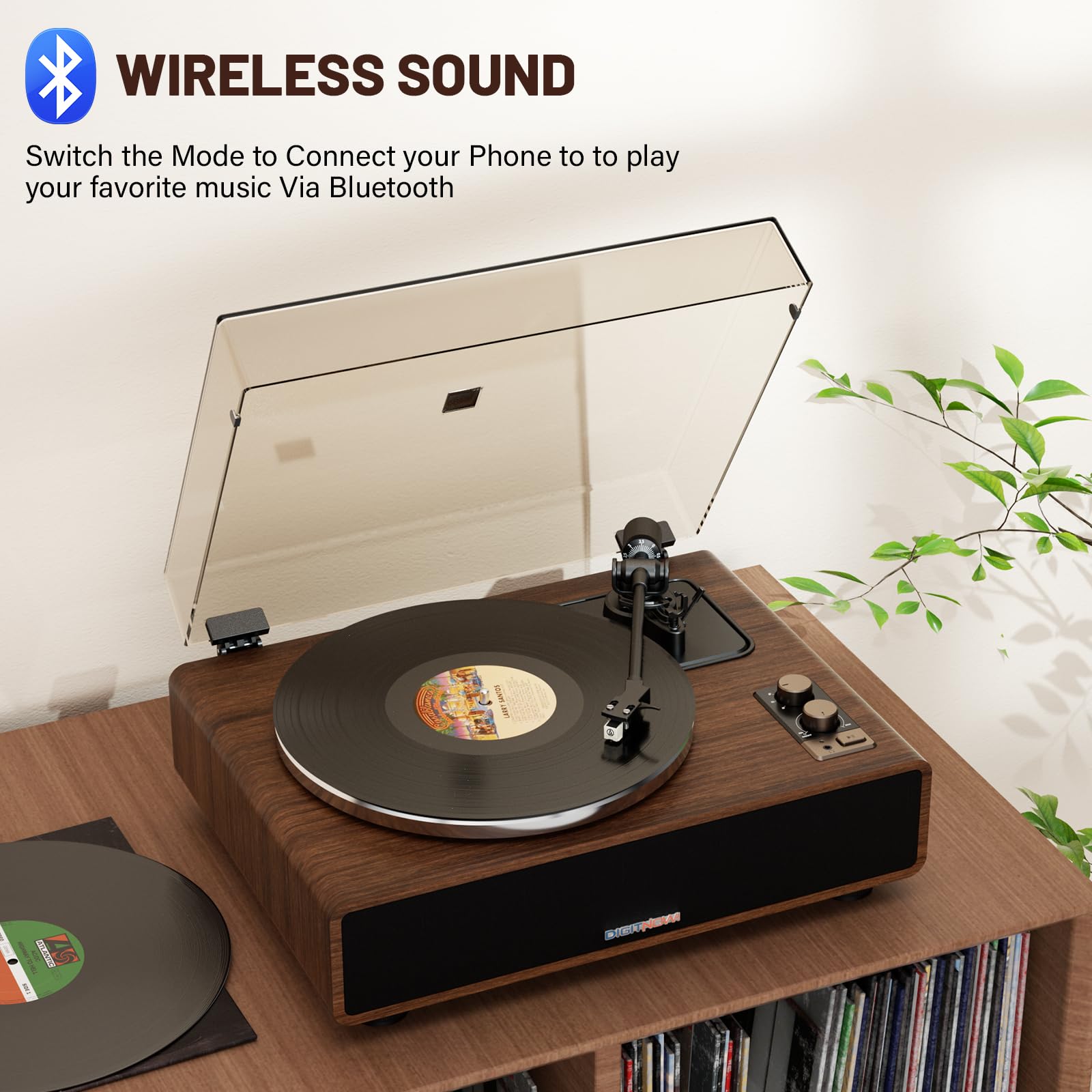DIGITNOW Vinyl Record Player with Magnetic Cartridge, High Fidelity Belt Drive Turntable with Built-in Speakers & Phono Preamp, Wireless Playback and Aux-in Functionality, Auto Off