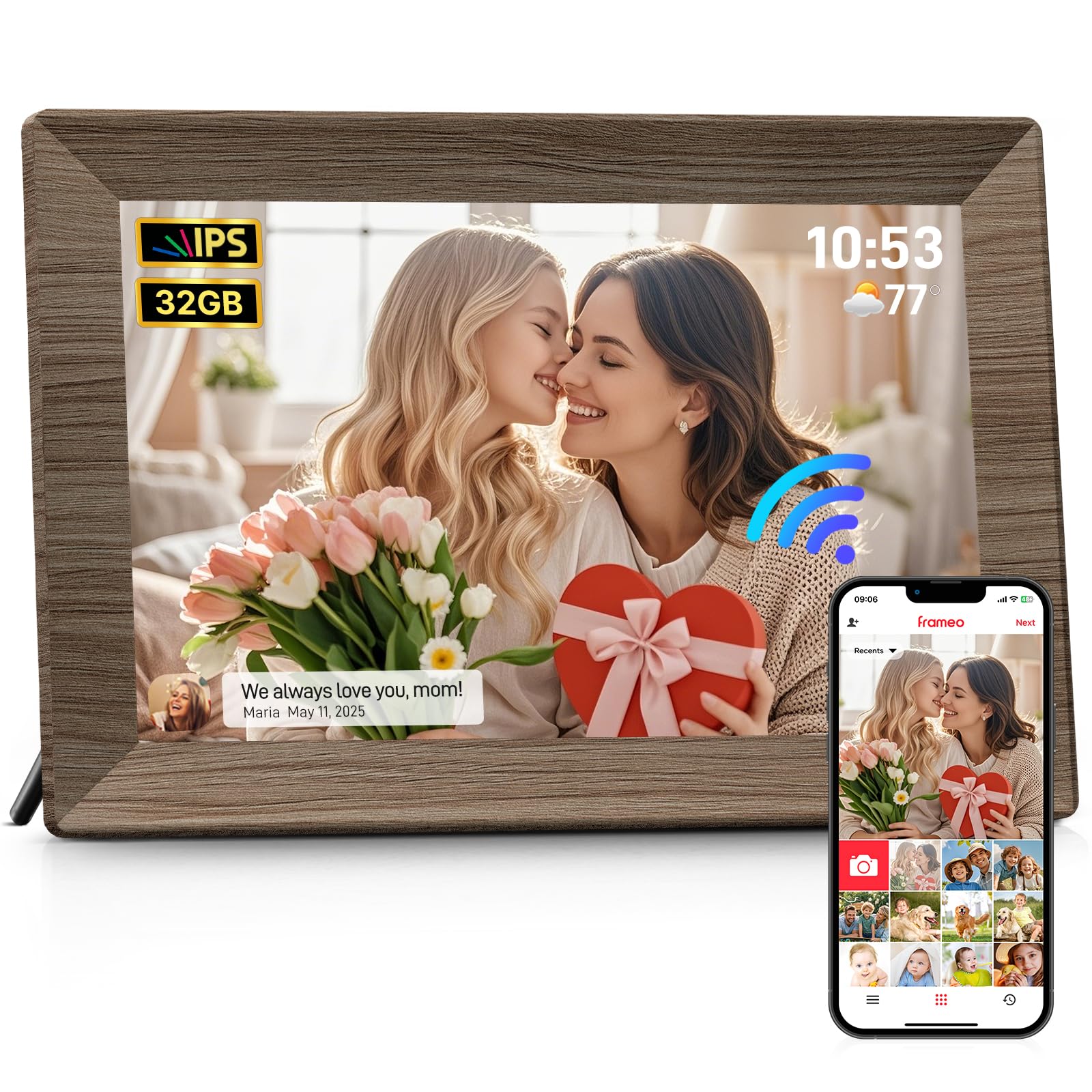Frameo 10.1 Inch WiFi Digital Picture Frame, Smart Cloud Electronic Photo Frame with HD IPS Touch Screen Slideshow 32GB Memory Auto-Rotate Wall Mount, Share Photos/Videos from Phone - Gifts for Mom