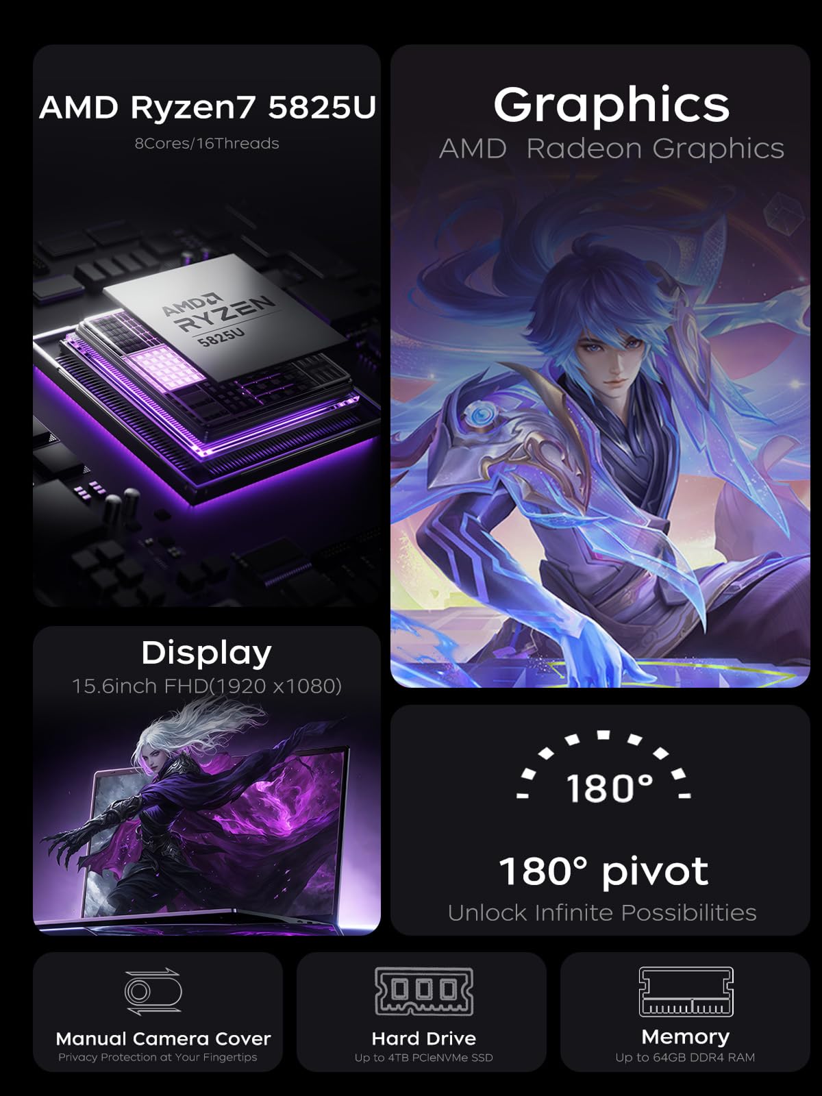 KAIGERR Gaming Laptop, 1TB NVMe SSD 16GB RAM Laptop Computer with AMD Ryzen 7 5825U(8C/16T, Up to 4.5GHz), 15.6inch Windows 11 Laptop, Radeon RX Vega 8 Graphics,WiFi 6 for Creative & Business