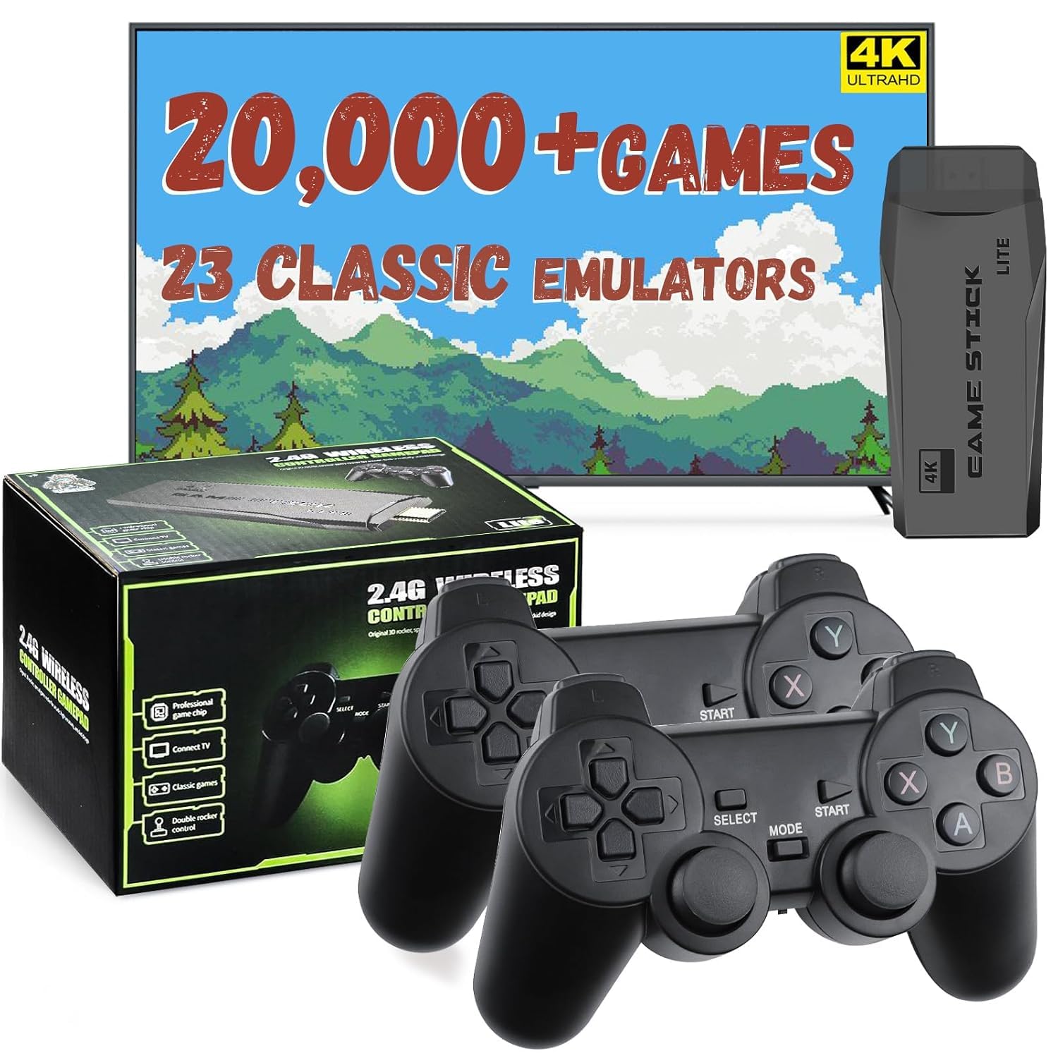 LIUWEI New Retro Gaming Console & Game Stick Pro – 20,000+ Classic Video Games, 23 Emulators, Dual Wireless Controllers, 4K HDMI Output, Plug & Play, Compatible with TV, PC, Projector, 64GB